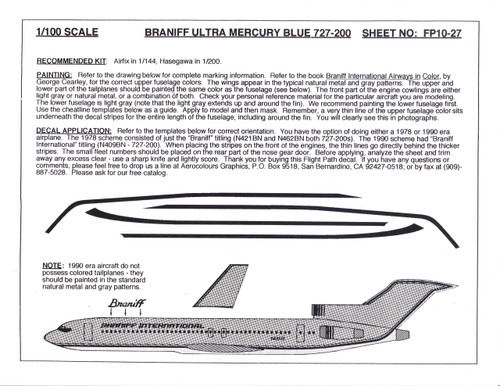 1/100 Scale Decal Braniff International 727-200 ULTRA MERCURY BLUE