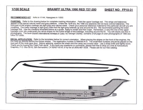 1/100 Scale Decal Braniff International 727-200 ULTRA RED