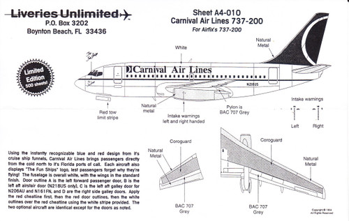 1/144 Scale Decal Carnival Airlines 737-200