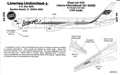 1/144 Scale Decal Leisure International 767-300ER