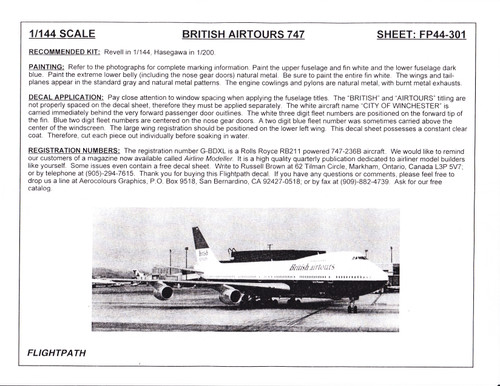 1/144 Scale Decal British Airtours 747