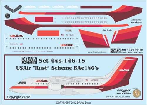 1/144 Scale Decal USAir BAe-146 Rust Livery