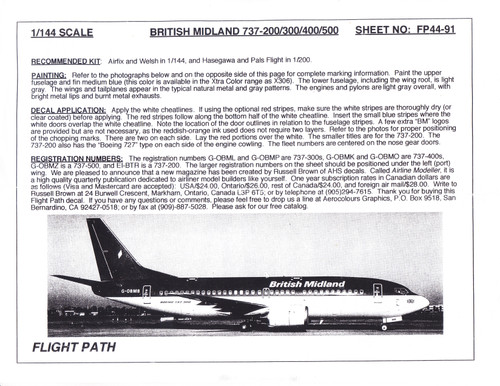 1/144 Scale Decal British Midland 737-200 / 300 / 400 / 500