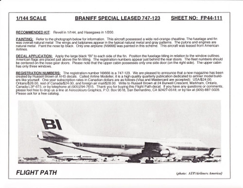 1/144 Scale Decal Braniff 747-100 LEASED