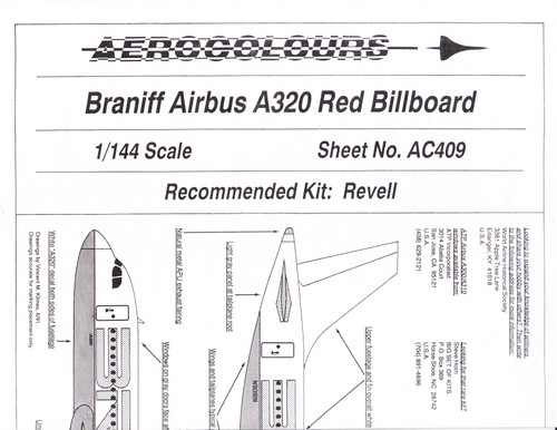 1/144 Scale Decal Braniff A-320 RED Billboard