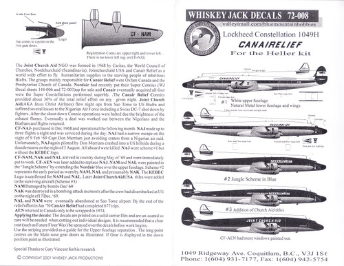 1/72 Scale Decal CANAIRELIEF / Canadian Air Relief Connie