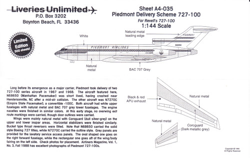 1/144 Scale Decal Piedmont Airlines 727-100 Factory Release