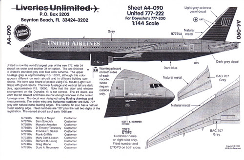 1/144 Scale Decal United Airlines 777-200 Battleship Grey