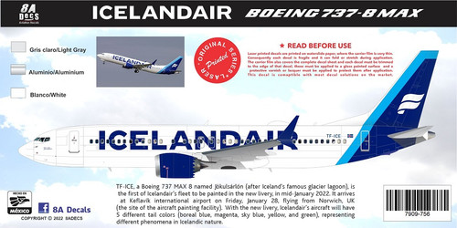 1/144 Scale Decal Icelandair 737-8 MAX BLUE