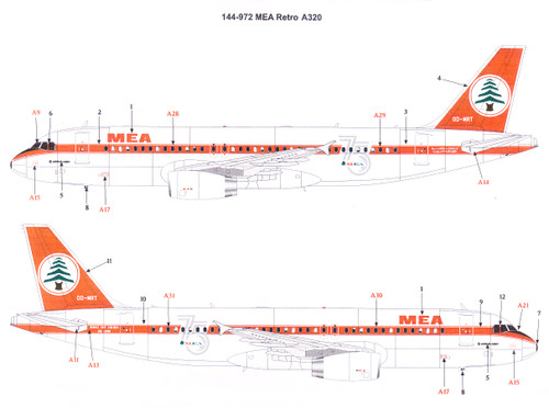 1/144 Scale Decal MEA A-320 75th Aniversary Retro