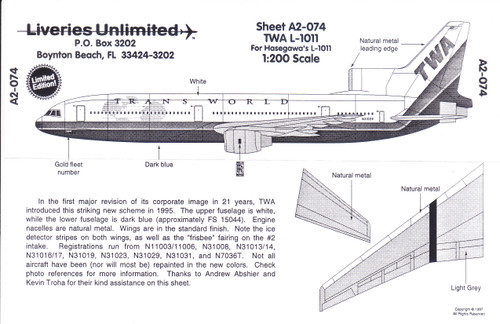 1/200 Scale Decal TWA L-1011 Last Livery