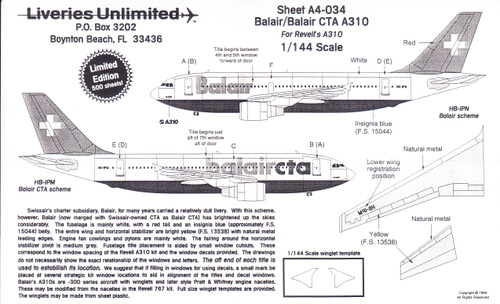 1/144 Scale Decal Balair / Balair CTA A-310