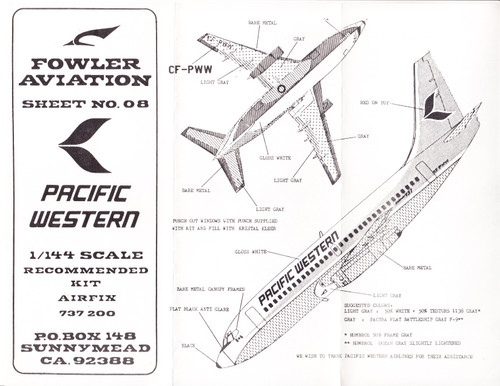 1/144 Scale Decal Pacific Western 737-200