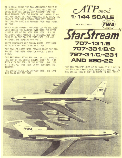1/144 Scale Decal TWA 707 / 727-100 / 727-200 / CV-880
