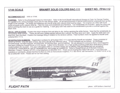 1/144 Scale Decal Braniff International BAC-111 Solid Colors