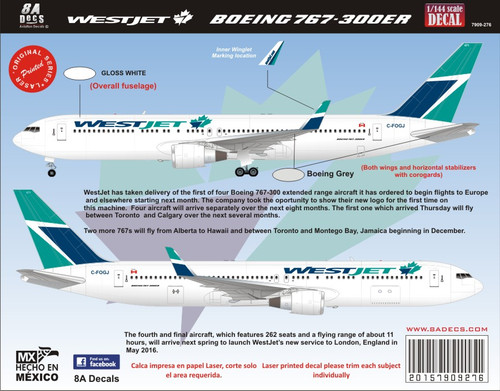 1/144 Scale Decal WestJet 767-300 2015