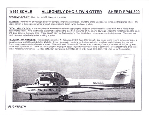 1/144 Scale Decal Allegheny Commuter DHC-6 Twin Otter