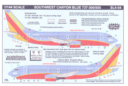 1/144 Scale Decal Southwest 737-300 / 500 Canyon Blue