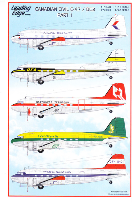 1/144 Scale Decal Pacific Western / QCA / Northwest Territorial / Air North C-47 / DC-3