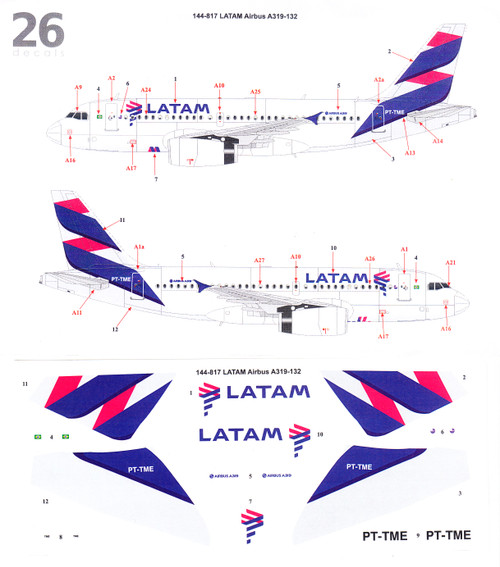 1/144 Scale Decal LATAM A-319 NO WINDOWS
