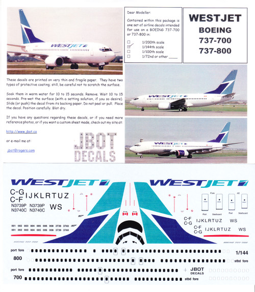 1/144 Scale Decal WESTJET 737-700 / 800