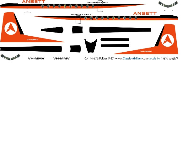 1/144 Scale Decal Ansett F-27 Orange Tail