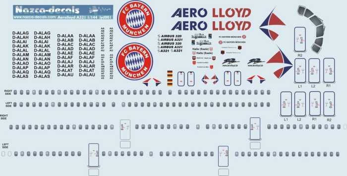 1/144 Scale Decal Aero Lloyd A-320 / 321 Bayern Munchen Livery