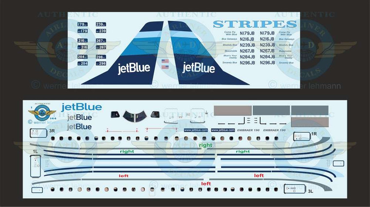 1/144 Scale Decal Jet Blue ERJ-190 STRIPES With Lifelike Cockpit / Windows