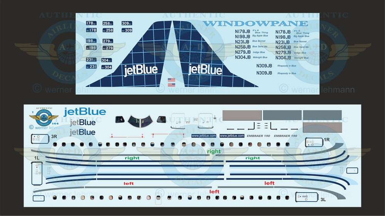 1/144 Scale Decal Jet Blue ERJ-190 WINDOWPANE With Lifelike Cockpit / Windows