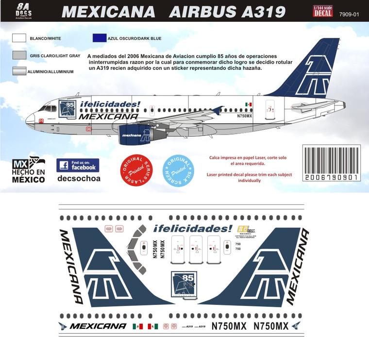1/144 Scale Decal Airbus A319 Mexicana 85 Aniversario