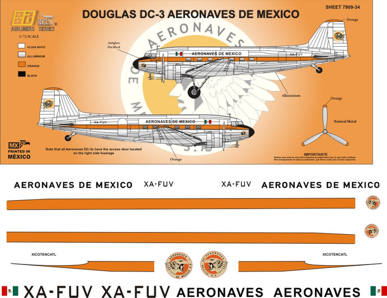 1/144 Scale Decal Aeronaves de Mexico DC-3  60s