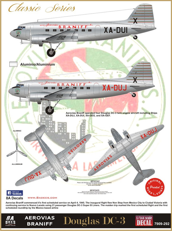 1/144 Scale Decal Braniff DC-3
