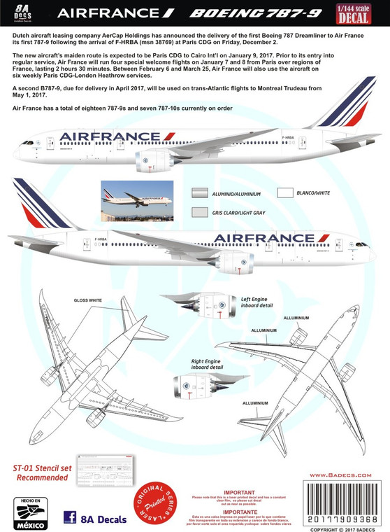 1/144 Scale Decal Air France 787-9