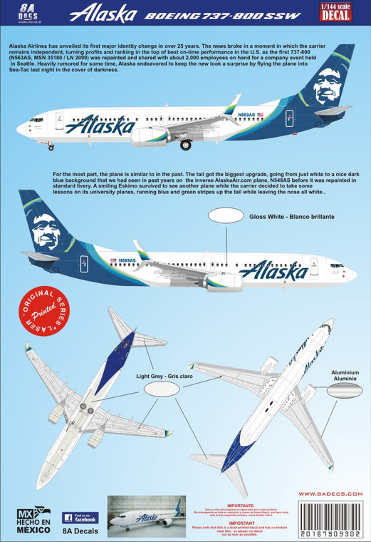 1/144 Scale Decal Alaska 737-800 2016