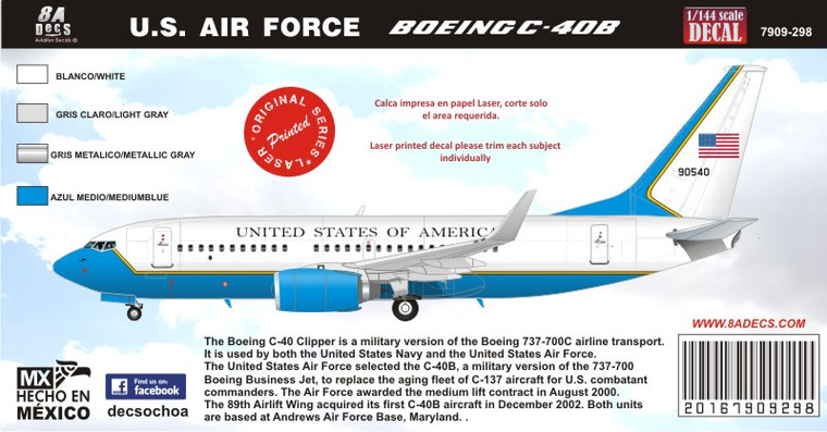 1/144 Scale Decal USAF Boeing C-40