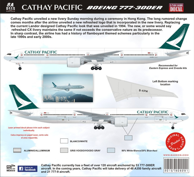 1/144 Scale Decal Cathay Pacific 777-300 2015