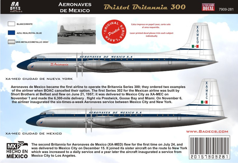 1/144 Scale Decal Bristol Brtiannia Aeronaves de Mexico