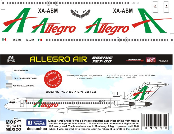 1/144 Scale Decal Allegro 727-200