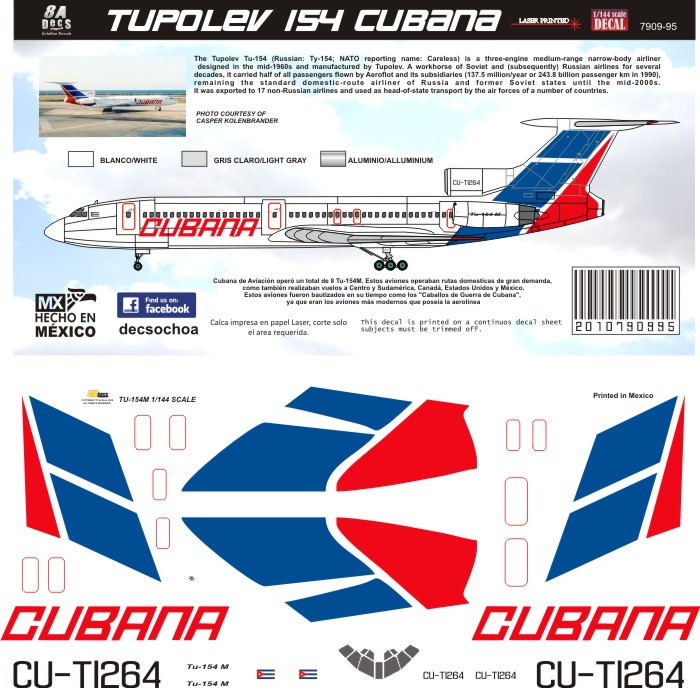 1/144 Scale Decal Cubana TU-154