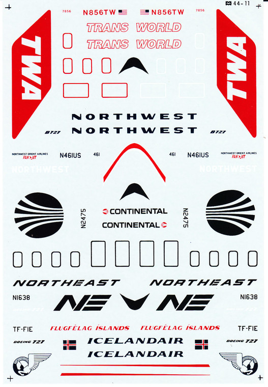 1/144 Scale Decal Continental / Northwest / TWA / Iceandair / Northeast 727