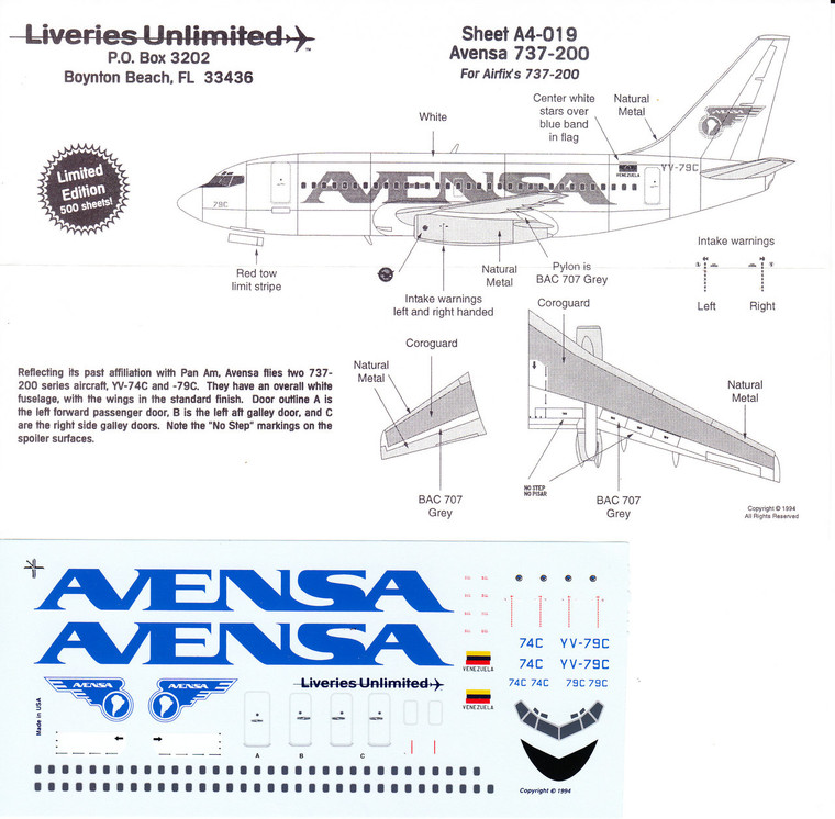 1/144 Scale Decal Avensa 737-200