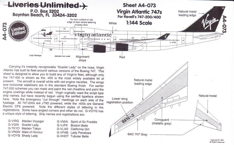1/144 Scale Decal Virgin Atlantic 747-200 / 400