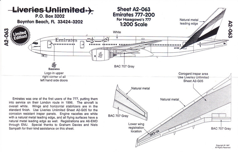 1/200 Scale Decal Emirates 777-200