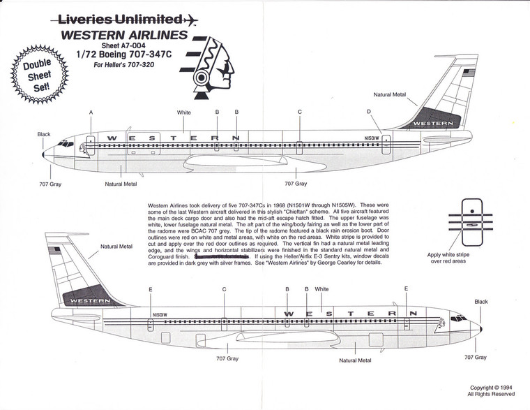 1/72 Scale Decal Western Airlines 707-347C Indianhead