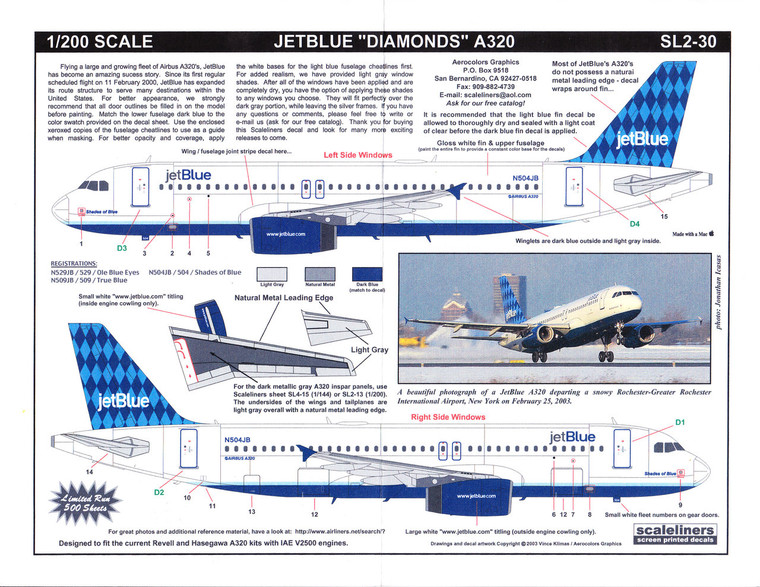 1/200 Scale Decal JetBlue A-320 Diamonds