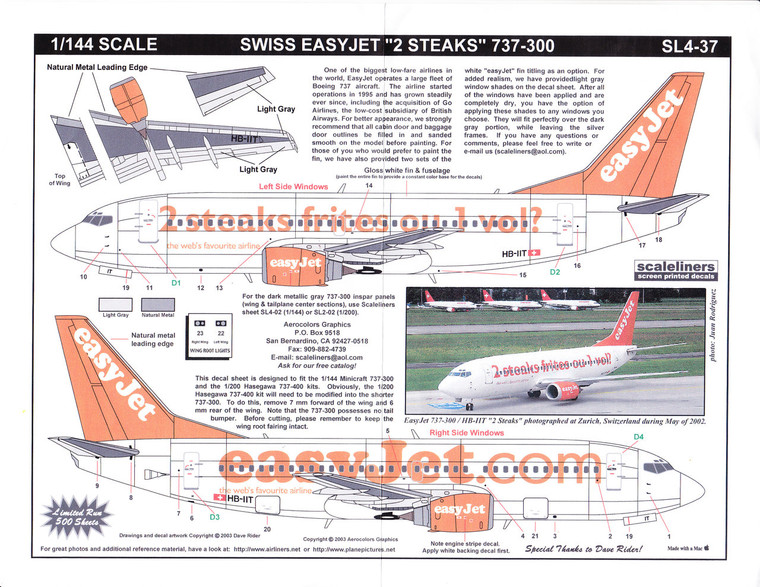 1/144 Scale Decal easyJet.com 737-300 2 Steaks