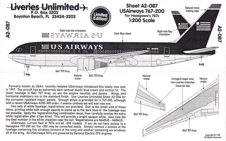 1/200 Scale Decal US Airways 767-200