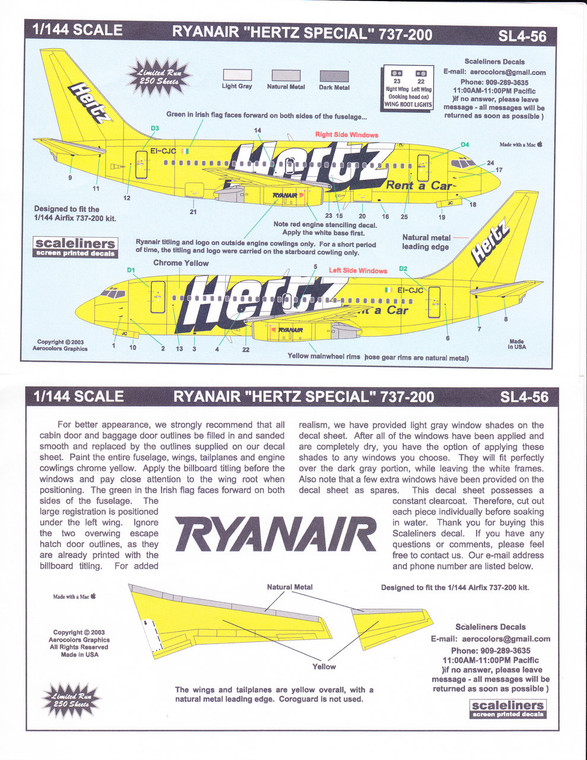 1/144 Scale Decal Ryanair 737-200 Hetrz Special