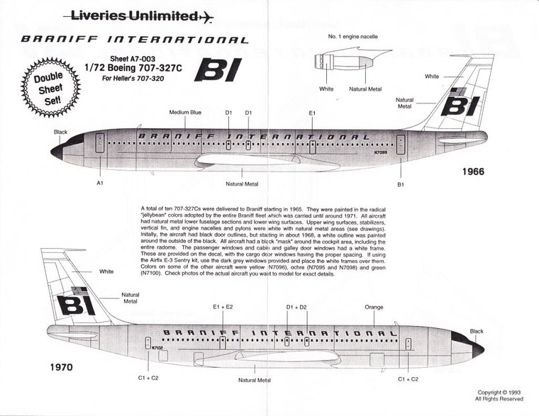 1/72 Scale Decal Braniff International 707-327C