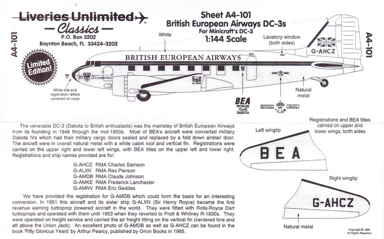 1/144 Scale Decal British European Airways DC-3